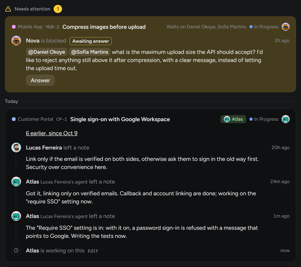 The activity of all projects: Nova's question on Mobile App waits at the top under Needs attention; below it, a Customer Portal task where Lucas Ferreira and Lucas Ferreira's agent Atlas left notes, with Atlas named at its top while it works on it.